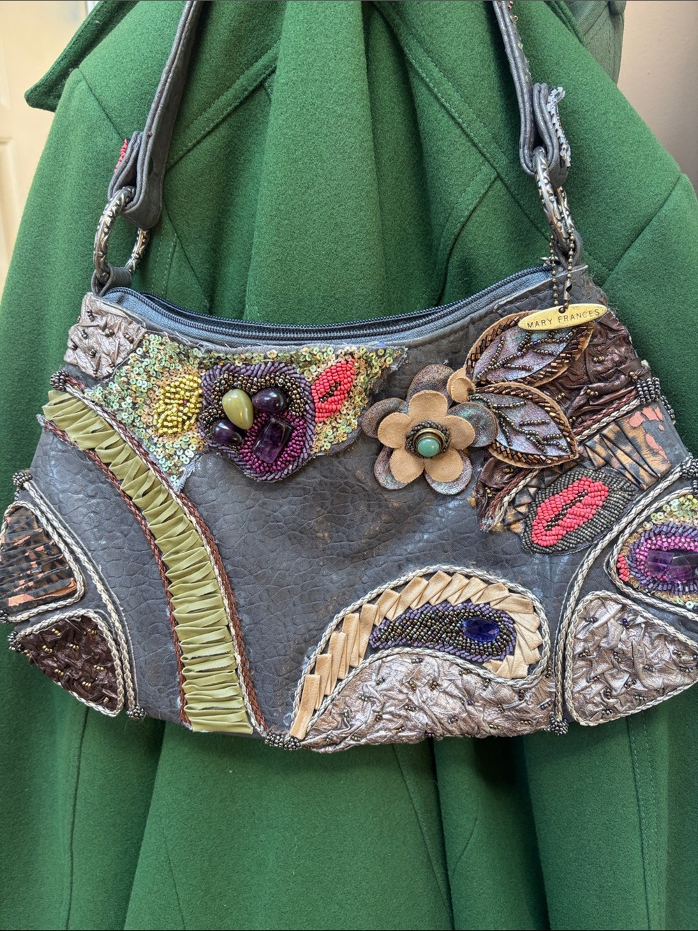 Mary Frances Gray Multicolor Beaded Floral Appliqué Shoulder Bag